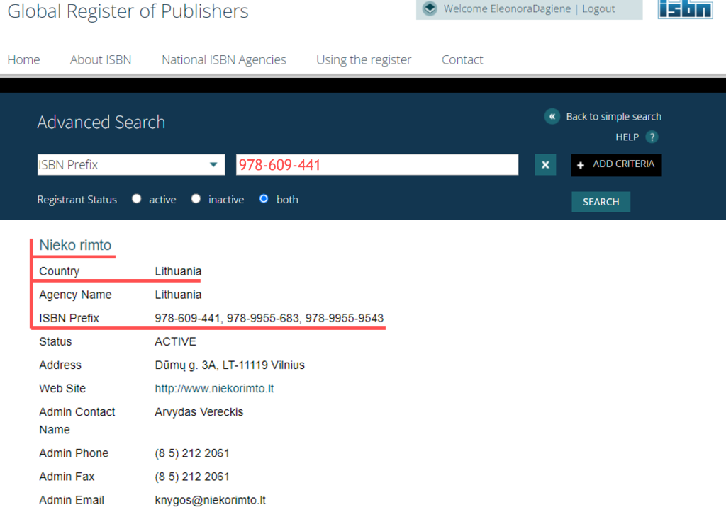 Su leidyklos identifikatoriumi susijusi informacija the Global Register of Publishers sistemoje