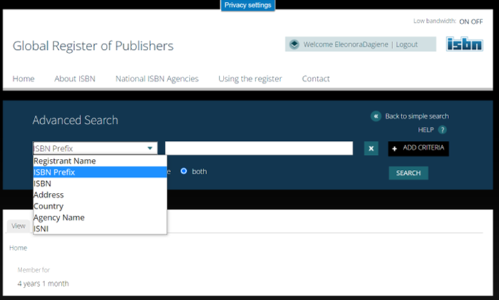 The Global Register of Publishers išplėstinės paieškos langas