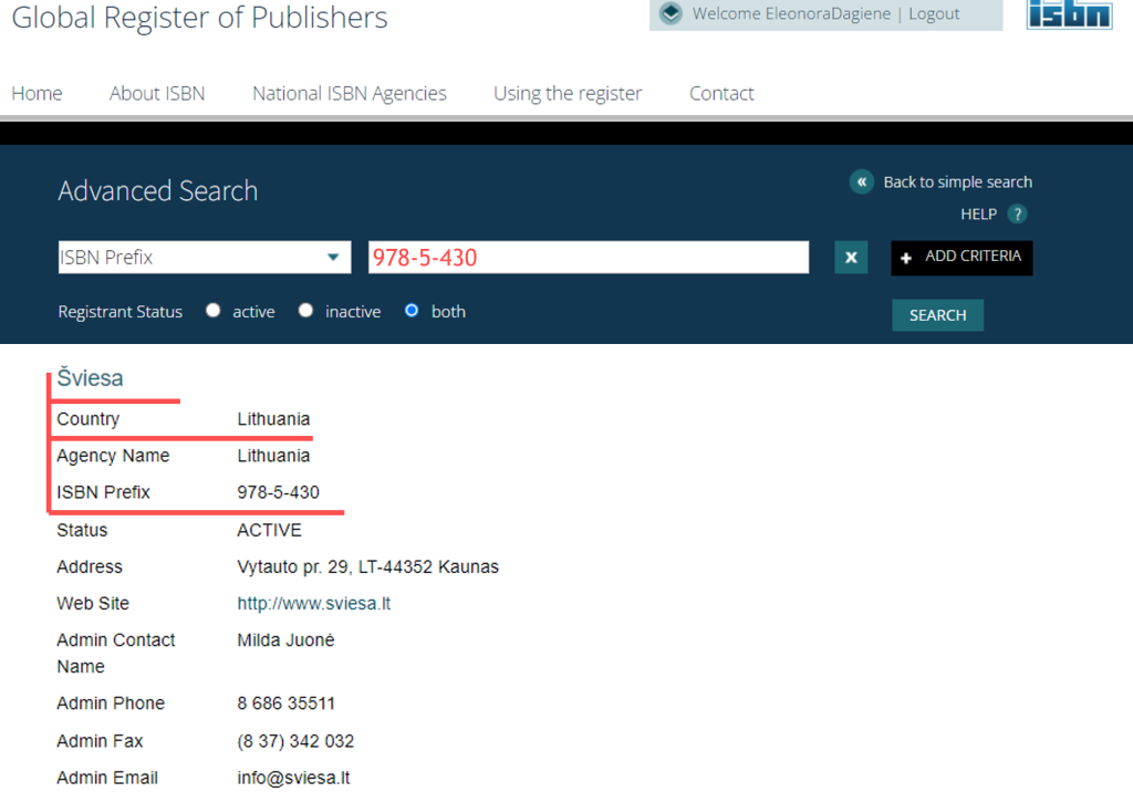 Leidyklos „Šviesa“ duomenys the Global Register of Publishers sistemoje